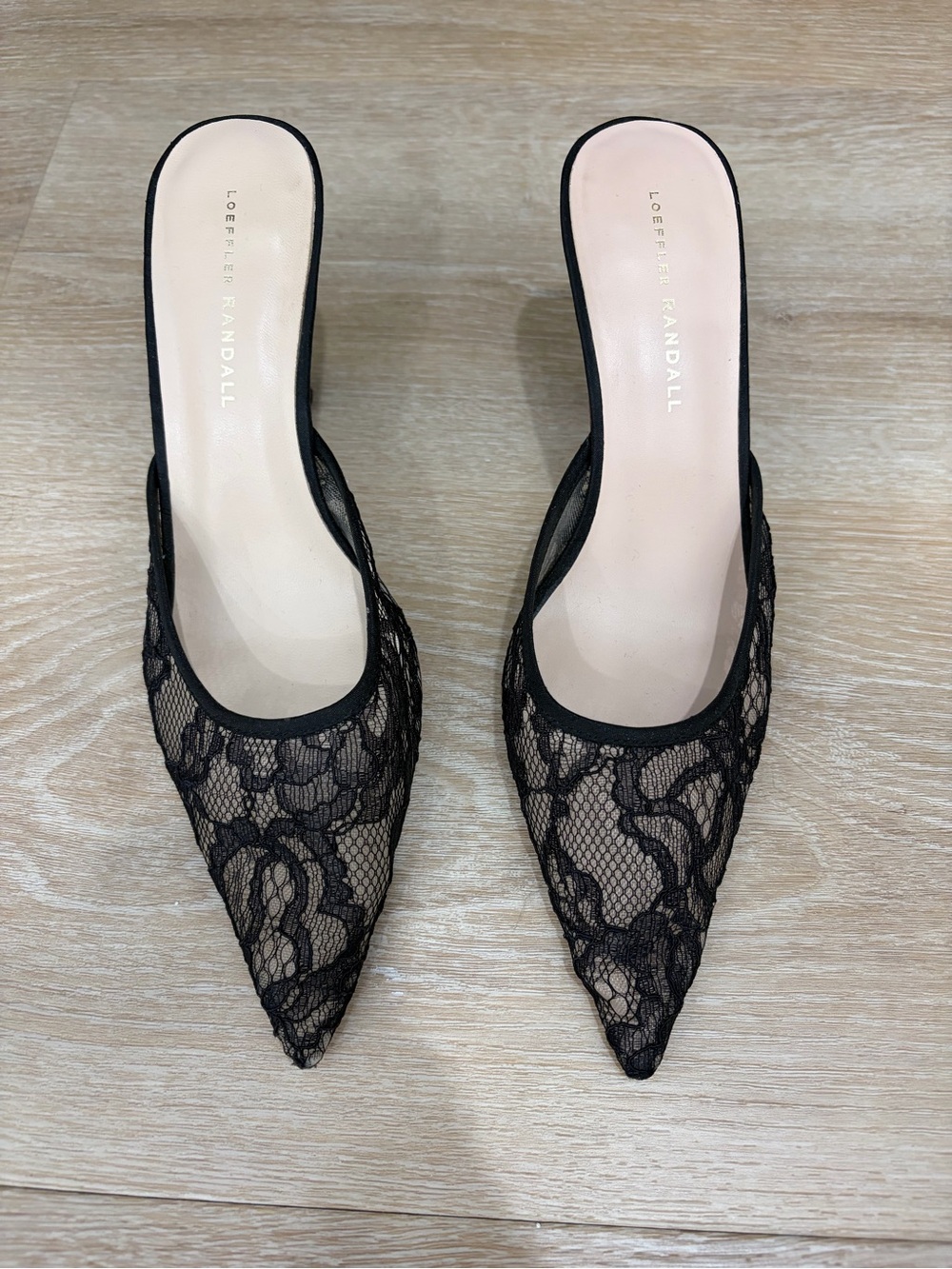Loeffler Randall Black Lace Pointed Slip-On Mules